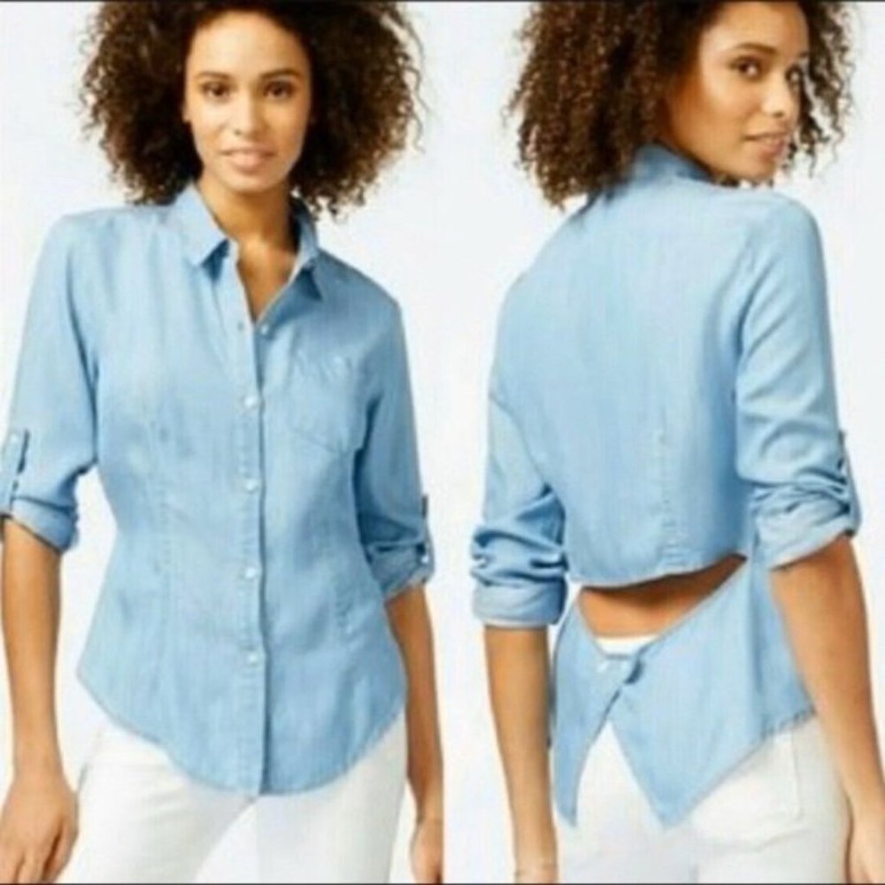 Chambray Denim Open Back Long Sleeve Button Up Top